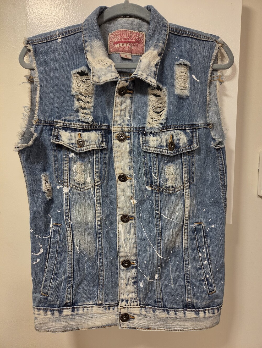 Trademark Brooklyn Distressed Ripped Denim Vest Bleach Paint Splatter Medium